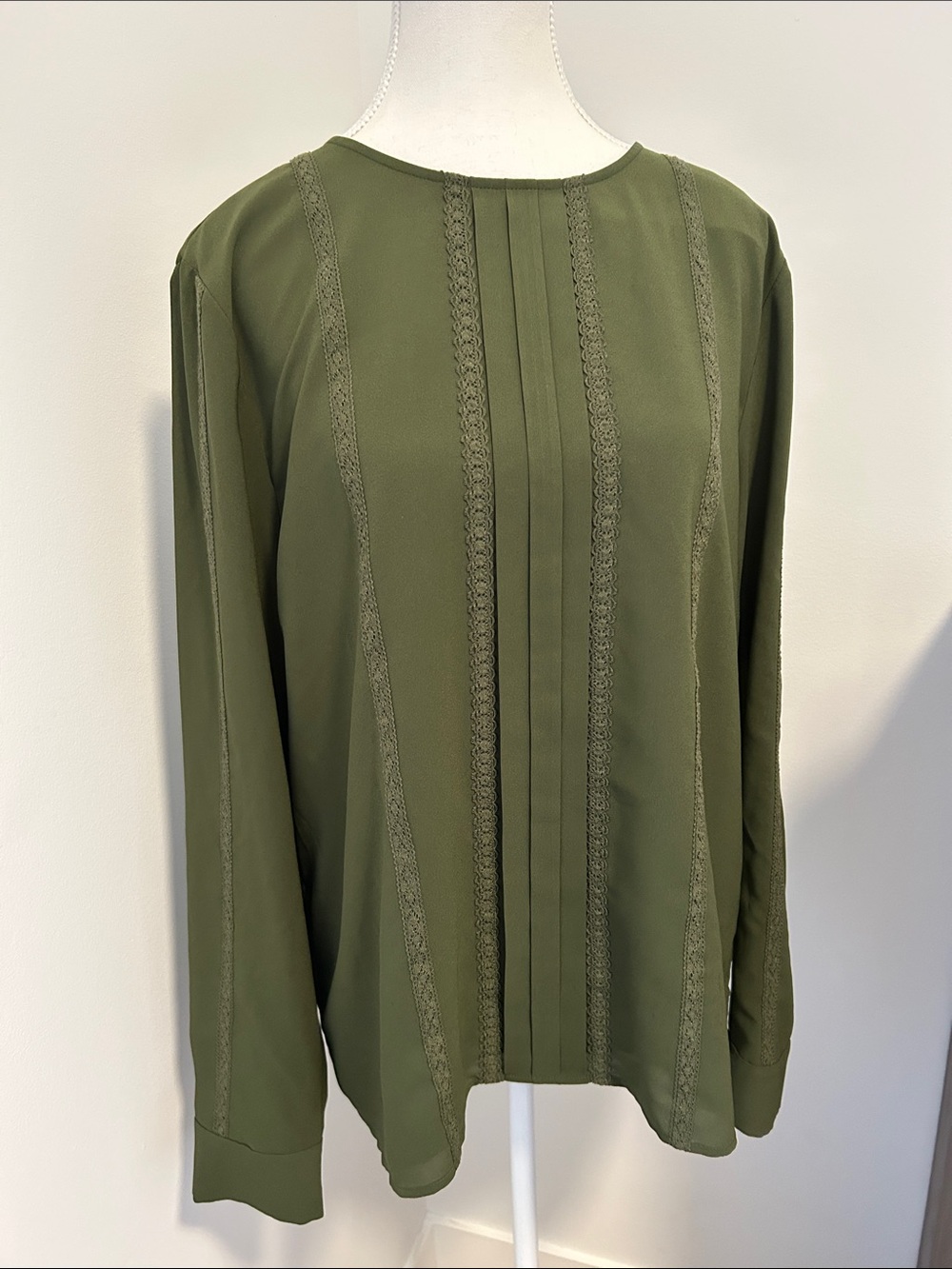 J. Crew Olive Green Pintuck Lace-Trim Blouse
